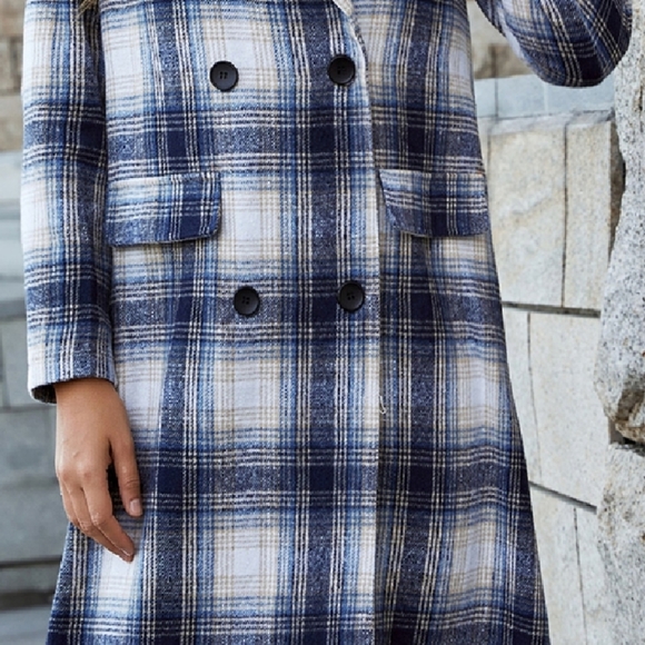 Long Blue Plaid Double Breasted Coat S, L, XL NWOT - Picture 6 of 7